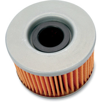 Honda Oil Filter by Twin Air: round filter with gray metal top/bottom, orange paper for high protection, and a black central opening, shown from a slightly elevated angle.