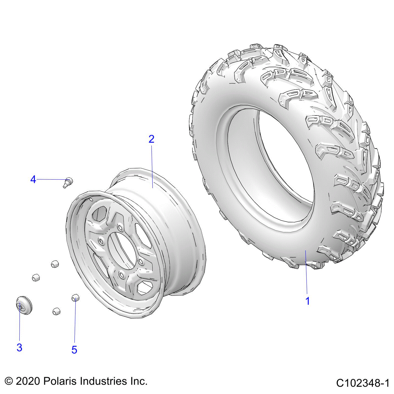 An Image of a Genuine Polaris Parts Schematic Diagram showing the schematic - WHEELS: FRONT - 2021 POLARIS SCRAMBLER 850 48"