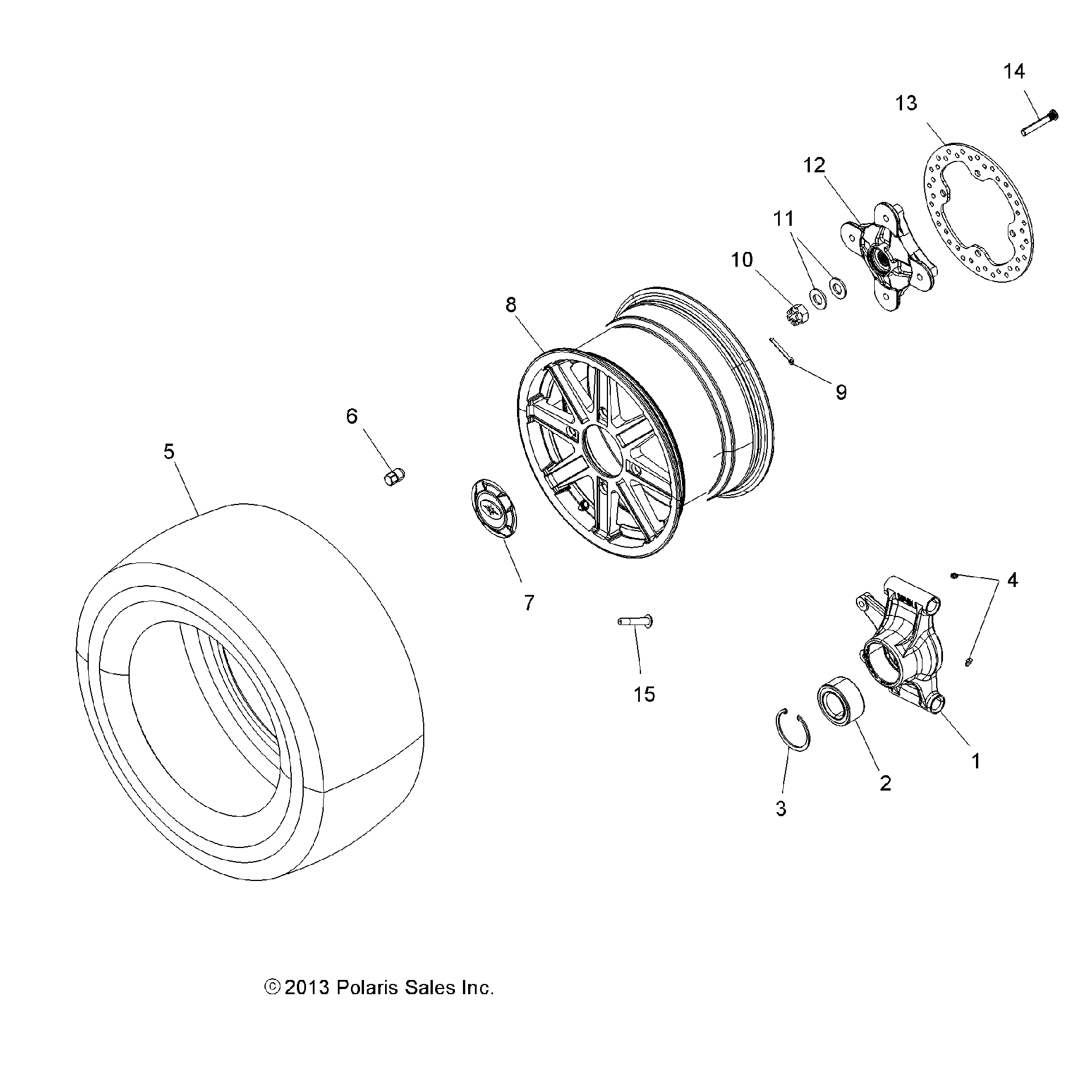 An Image of a Genuine Polaris Parts Schematic Diagram showing the schematic - WHEELS: REAR and HUB - 2015 POLARIS SCRAMBLER XP 1000
