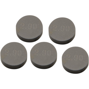 Five Prox Valve Shims (9.48 mm x 2.90 mm) are displayed on a white background, each engraved with "2.90" for precise identification; the set includes 5 durable shims in total.