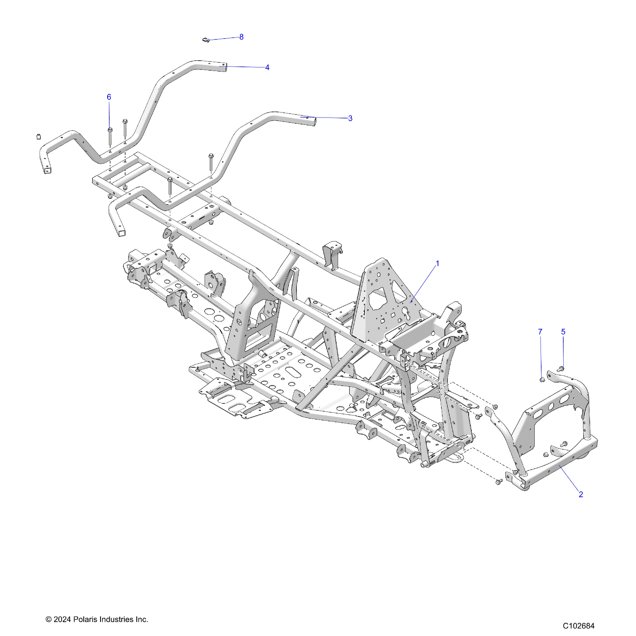 An Image of a Genuine Polaris Parts Schematic Diagram showing the schematic - CHASSIS: FRAME - 2025 POLARIS SPORTSMAN 570 EPS EBS TRAIL