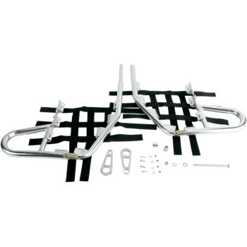 A pair of Yamaha Raptor Nerf Bars Silver by Motorsport Products, made from extruded aluminum tubing with black webbing straps, EZ-fit clamp brackets, and mounting hardware—all shown on white and ATVA compliant.