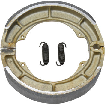 Brake Shoes by Ebc: Metallic, circular die-cast aluminum brake shoes with a hollow center, featuring two original-style small springs placed side by side within the inner circle.