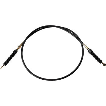 Black flexible shifter cable with metal fittings and protective rubber ends for Kawasaki UTV.