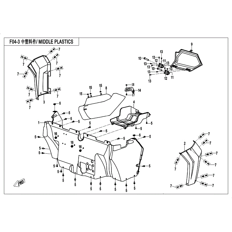 An Image of a Genuine CFMOTO Parts Schematic Diagram showing the schematic - MIDDLE PLASTICS - 2018 CFMOTO ZFORCE 800 EX