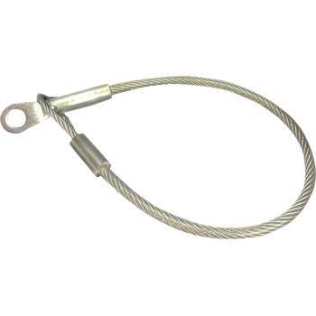 The Polaris Ranger Tailgate Cable by Quad Logic is a heavy-duty steel wire cable with metal sleeves at both ends, featuring a closed loop with an eyelet for secure attachment.