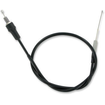 The Yamaha Black Vinyl Throttle Cable by Parts Unlimited features metal ends and a flexible black design, ideal as a replacement or custom fit throttle cable for bikes or motorcycles. Shown coiled with exposed inner wire at one end.