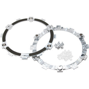 The Exp Clutch Service Kit by Rekluse includes two notched metal mounting rings, screws, and clear plastic pieces on a white background—perfect for Offroad/ATV use and compatible with EXP 3.0 bases and Rekluse auto clutch systems.