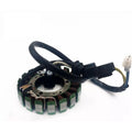 Circular magnetic stator with green-coiled copper wiring and attached black electrical cable with connectors.