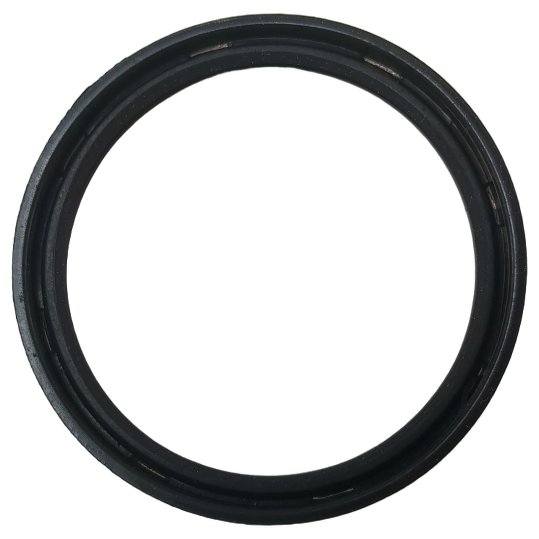 Black rubber oil seal ring with smooth inner surface and ridged outer edge.