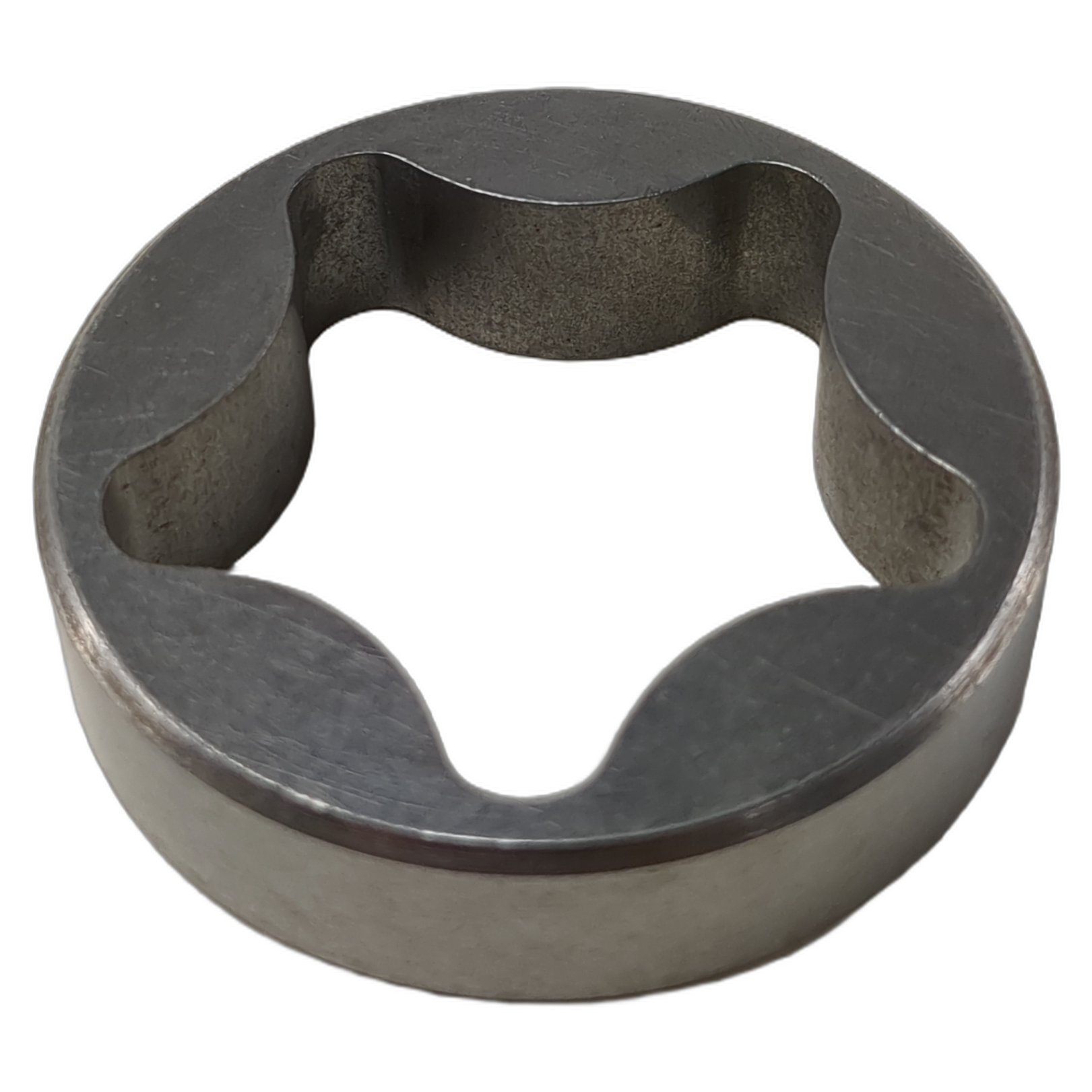 Silver metal circular rotor with a four-lobed inner cutout, smooth flat surfaces.