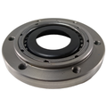 Silver metal overriding clutch with circular shape and multiple bolt holes around edge.