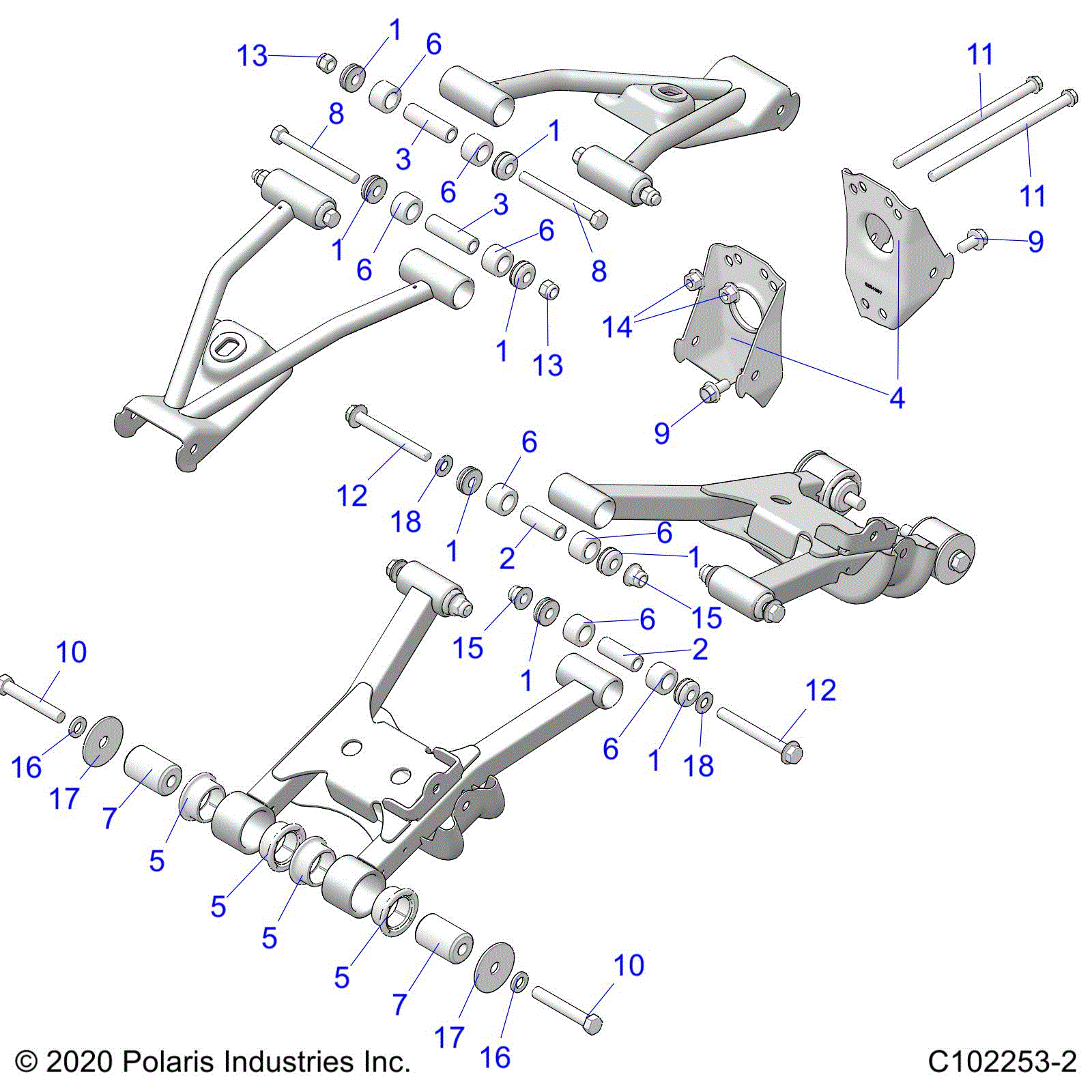 An Image of a Genuine Polaris Parts Schematic Diagram showing the schematic - SUSPENSION: REAR CONTROL ARM MOUNTING - 2025 POLARIS SPORTSMAN 450 HO EPS 50S