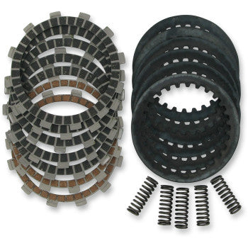 The Clutch Kit by Dp Brakes features friction plates, steel discs, and five clutch springs, all arranged neatly on a white background.