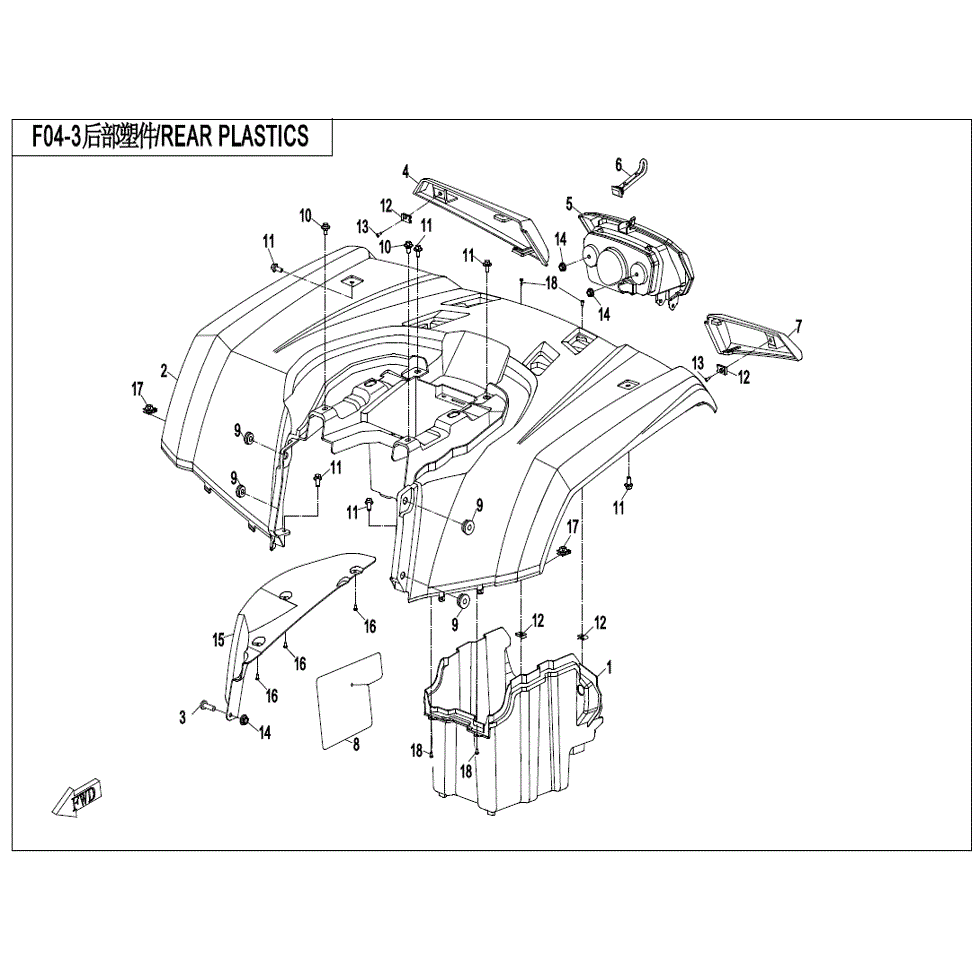 An Image of a genuine CFMOTO Parts Schematic Diagram showing the group - REAR PLASTICS - 2022 CFMOTO CFORCE 500 S