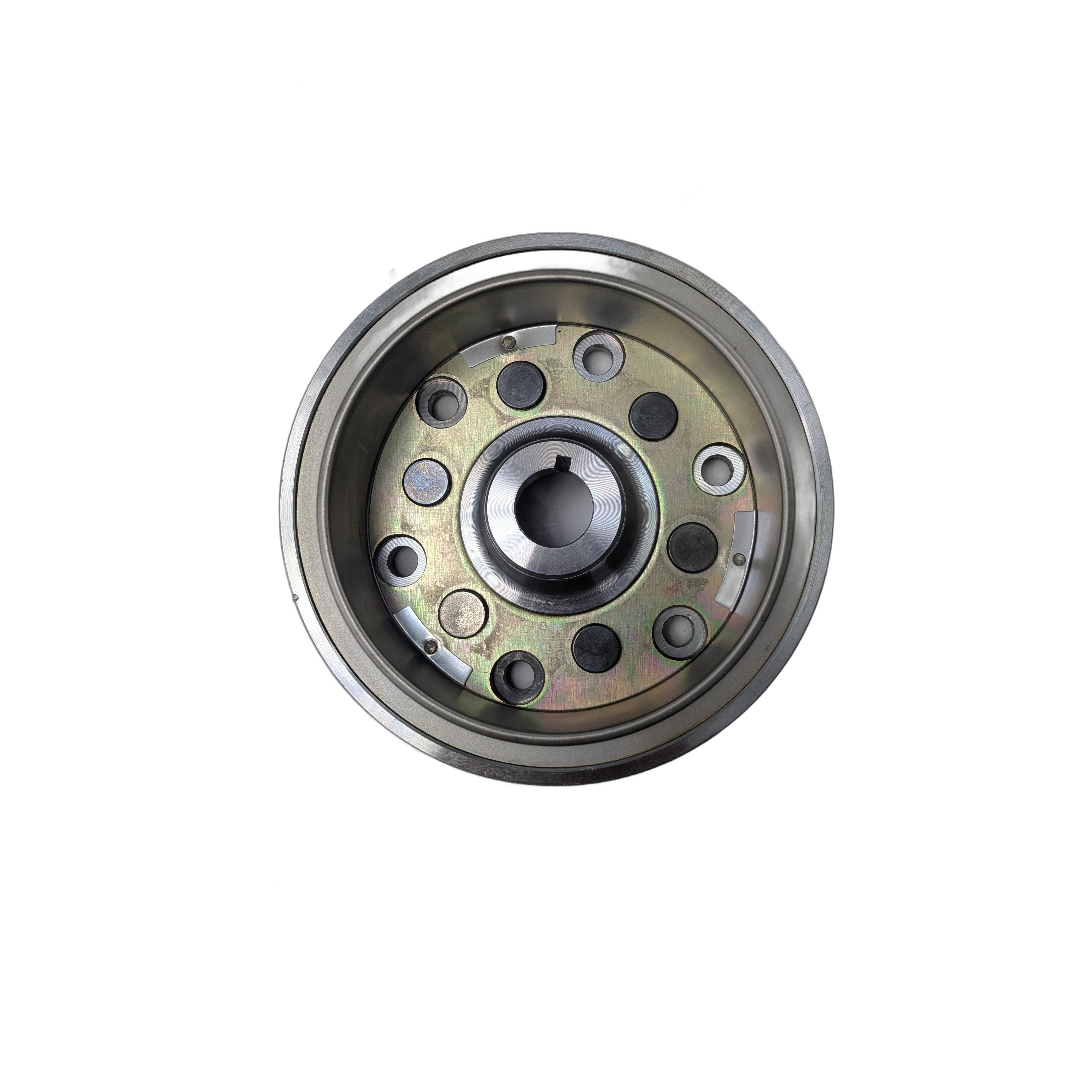 Circular metal magneto rotor assembly with evenly spaced holes around the center and a key slot in the middle.