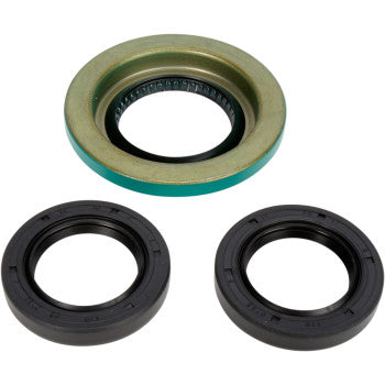 The Can Am Differential Seal Kit Rear by Moose Offroad includes three circular oil seals—a top metallic seal with a green edge and two TC rubber seals below—each with a central opening, displayed on a white background.
