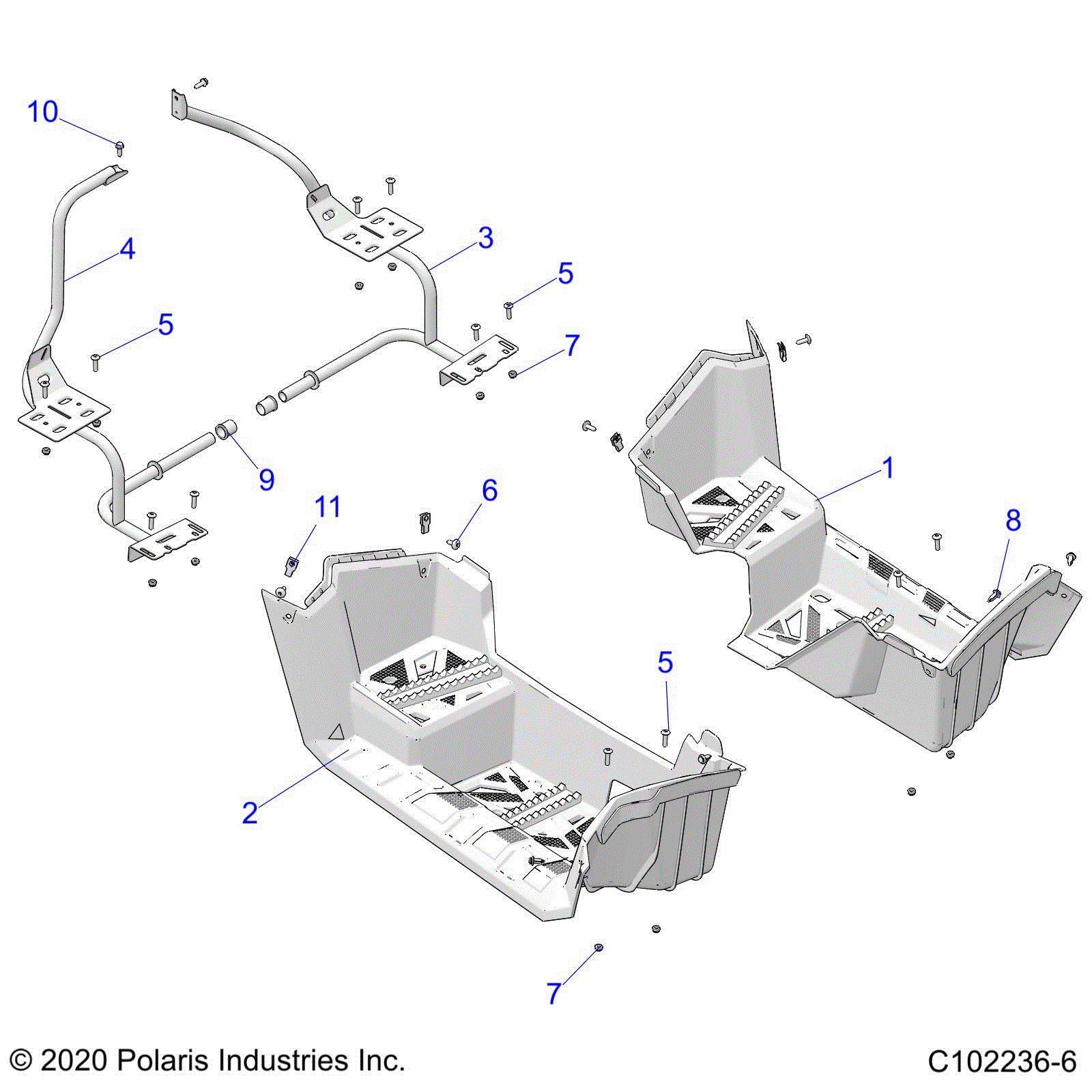 An Image of a Genuine Polaris Parts Schematic Diagram showing the schematic - BODY: FOOTWELLS - 2020 POLARIS SPORTSMAN 570 6X6