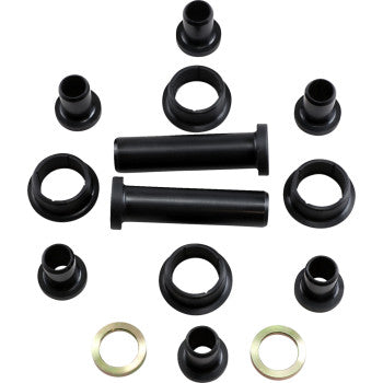 The A-Arm Repair Kit Middle by Epi features black cylindrical bushings and two metal washers, arranged on a white background—perfect for A-Arm Pivot Assembly or use as replacement bushings and bearings.