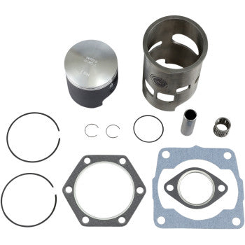 Metal piston with cylindrical steel sleeve, two black piston rings, circlips, metal pin and washer, and two gray gaskets.