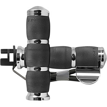The Indian Heated Grips - Air Cushion - Throttle Boss - Chrome by Avon Grips features chrome and black heated grips with textured surfaces for comfort, designed for dual engine boats, shown against a white background.