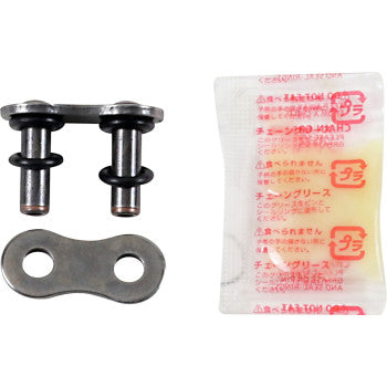 The 520 Max O Connecting Link Rivet by RK includes two pins, two O-rings, a metal plate, and grease in clear plastic packaging for motorcycle chain replacement.