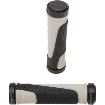 The Grips Locking 997 White / Black by Pro Grip are shown from top and side angles, featuring black and white textured rubber with diamond grip patterns and locking rings on both ends for secure attachment.