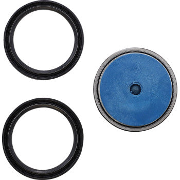 The image shows the Honda Pioneer Wheel Bearing Kit Tapered Double Angular Contact Front by Moose Offroad: two black O-ring seals and one blue, round disc with a central hole and black border, all on a white background.