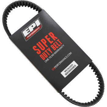 The Drive Belt by Epi is a black rubber double-cog belt in black packaging with red and white text, designed for high-horsepower UTVs, labeled "EPI Performance Super Duty Belt," and comes with a one-year warranty note.