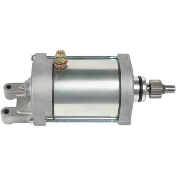 The Yamaha Starter Motor by Rick's Motorsport Electric is a silver, metallic aftermarket motor with double-sealed ball bearing, two mounting brackets on one end, and a gear shaft on the other, shown against a plain white background.