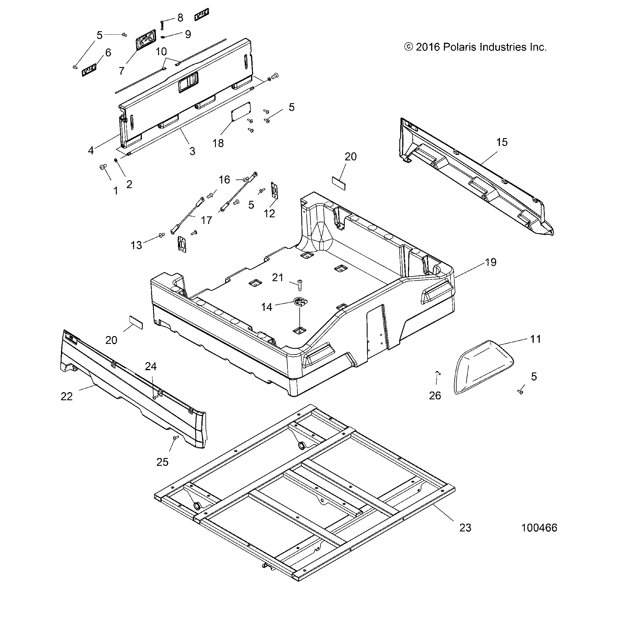 An Image of a Genuine Polaris Parts Schematic Diagram showing the schematic - BODY: DUMP BOX - 2017 POLARIS SPORTSMAN 570 6X6