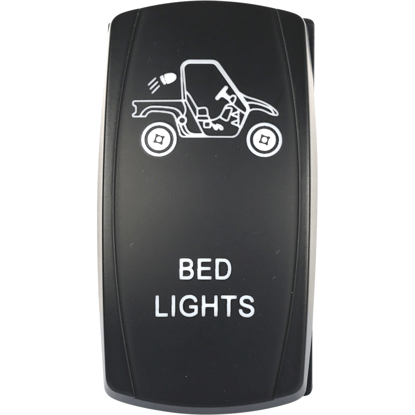 The Bed Lighting Led Switch Pro Backlit by Open Trail is a black switch with dual LEDs and a white utility vehicle icon showing light on its truck bed.