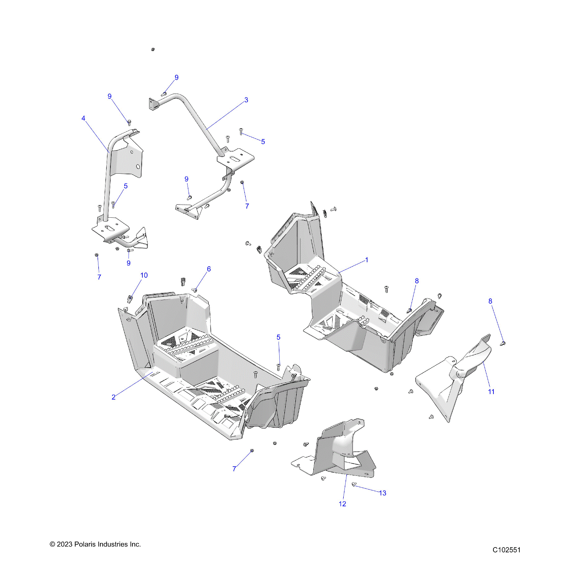 An Image of a Genuine Polaris Parts Schematic Diagram showing the schematic - BODY: FOOTWELLS - 2025 POLARIS SPORTSMAN TOURING 570 X2 EPS
