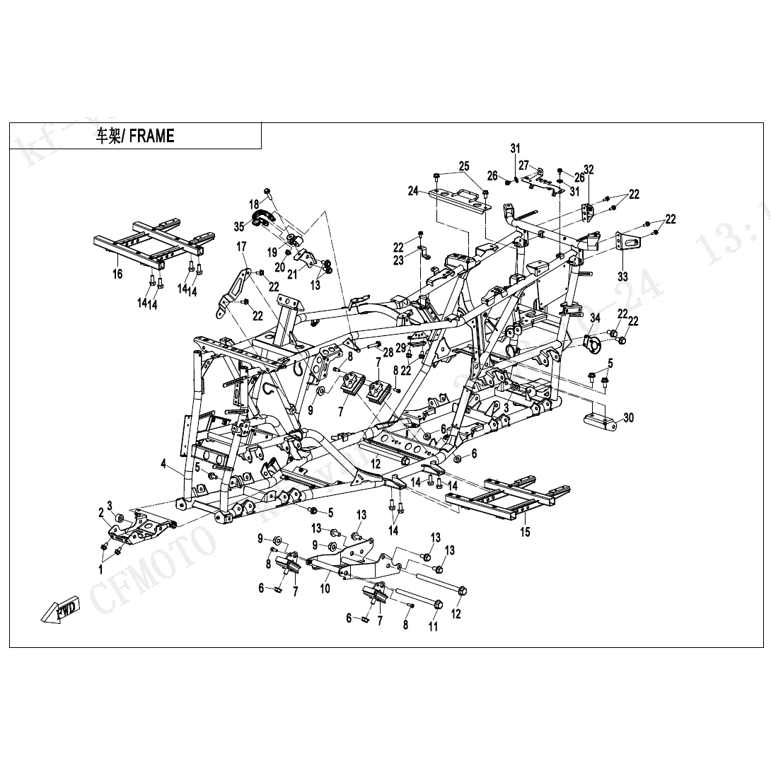 An Image of a genuine CFMOTO Parts Schematic Diagram showing the group - FRAME - 2025 CFMOTO CFORCE 600