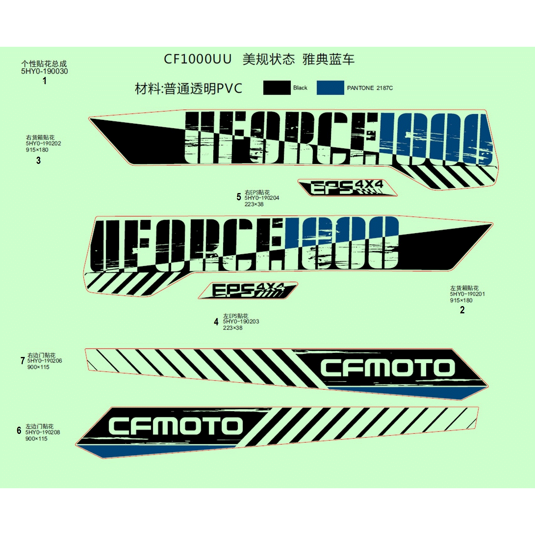 An Image of a Genuine CFMOTO Parts Schematic Diagram showing the schematic - DECAL KIT (ATHENS BLUE) - 2020 CFMOTO UFORCE 1000