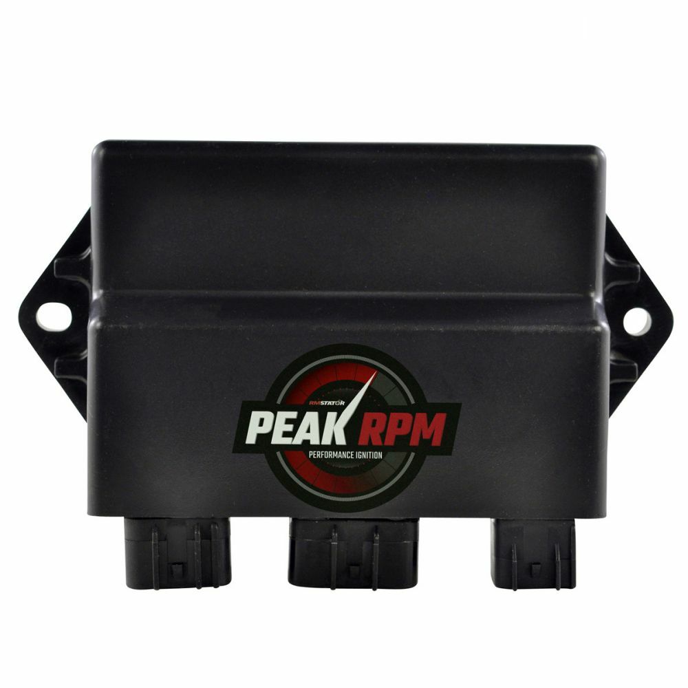 Black rectangular CDI box with mounting holes on each side and three electrical connectors at the bottom, featuring a Peak.