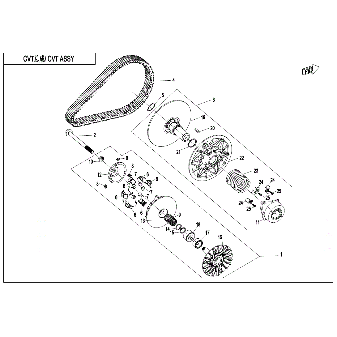 An Image of a Genuine CFMOTO Parts Schematic Diagram showing the schematic - CLUTCH & CVT ASSY. - 2023 CFMOTO UFORCE 600
