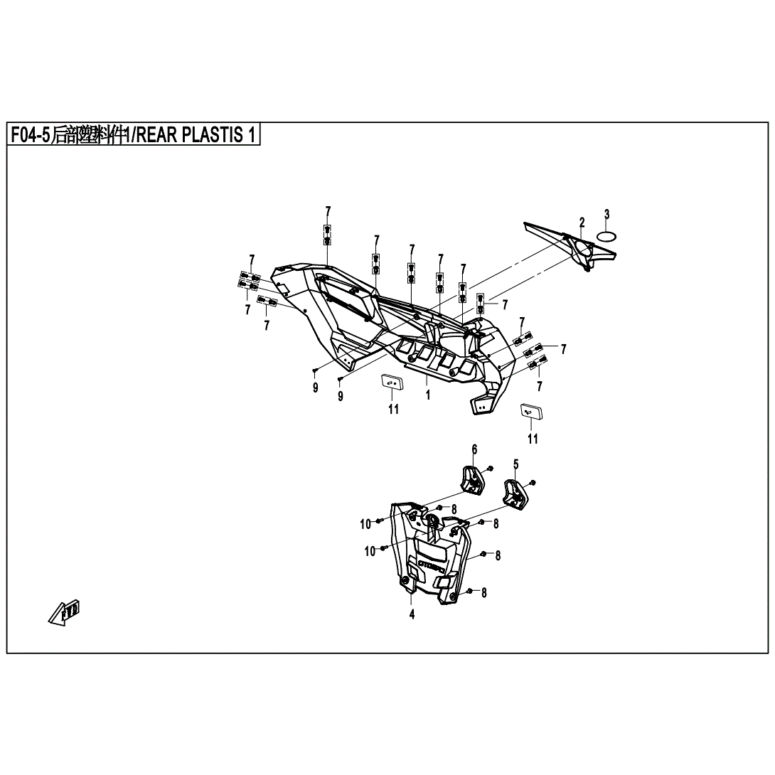 An Image of a Genuine CFMOTO Parts Schematic Diagram showing the schematic - REAR PLASTICS 1 - 2021 CFMOTO ZFORCE 500