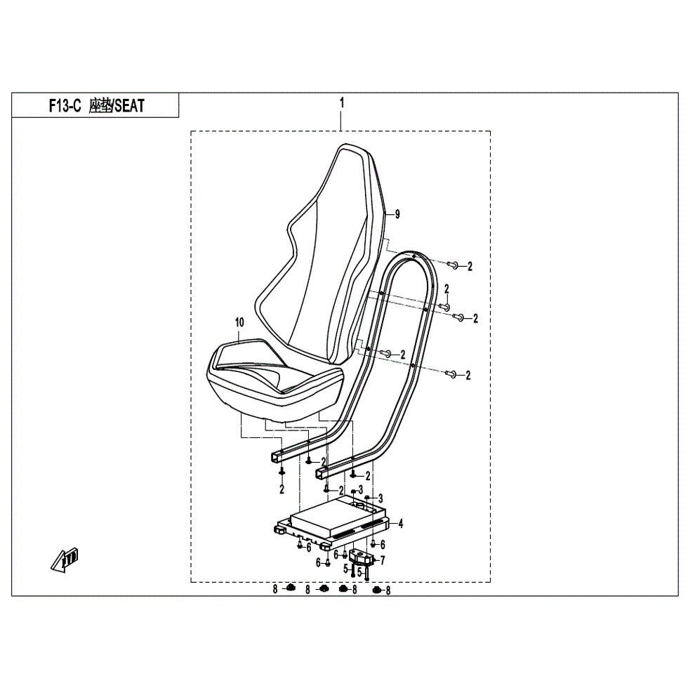 An Image of a Genuine CFMOTO Parts Schematic Diagram showing the schematic - SEAT (BLACK & WHITE) - 2022 CFMOTO ZFORCE 800 Trail