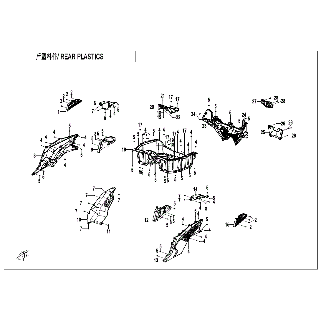 An Image of a Genuine CFMOTO Parts Schematic Diagram showing the schematic - REAR PLASTICS - 2024 CFMOTO ZFORCE 800 Trail
