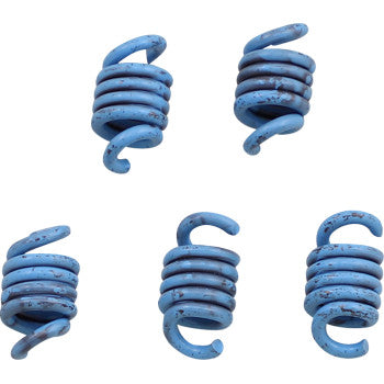 Five blue metal springs from the Epi Clutch Kit, each with weathered and slightly rusty surfaces, are tightly wound with open hook ends pointing in various directions and arranged against a white background.