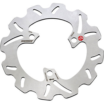 The Brake Rotor Honda TRX HO53RID by Braking is a silver, round disc rotor with a wavy edge and cutout slots, made from high carbon stainless steel for maximum stopping power on your bike wheel.