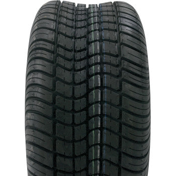 A close-up of the Kenda Tire 215/60-8 4 Ply shows its black tread with symmetric grooves and sipes, designed for traction and water dispersal. This clean, unworn tubeless nylon tire underscores its durability for quality trailer use.