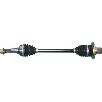The Yamaha Rhino CV Axle Kit Complete Rear Right Heavy Duty by Moose Offroad features durable chromoly steel construction, rubber boots on both ends, and metal joints for reliable power transmission in vehicle drivetrains.