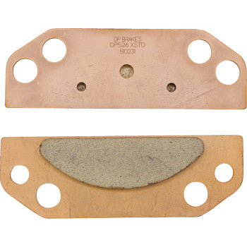 Two rectangular Polaris Ranger Standard Brake Pads by DP Brakes, each with four round holes; one pad has a smooth backing, the other displays sintered metal friction material—ideal as ATV brake pads.