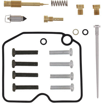 The Arctic Cat Carburetor Repair Kit by Moose Offroad includes fuel-resistant NBR gaskets, screws, springs, jets, O-rings, a needle valve, and small metal parts, all arranged on a white background.