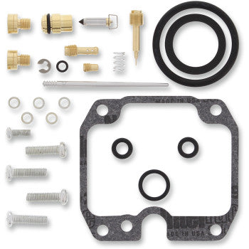 The Yamaha Carburetor Repair Kit by Moose Offroad includes brass nozzles, screws, washers, NBR O-rings, a gasket, needle, and small springs, all neatly arranged on a white background.