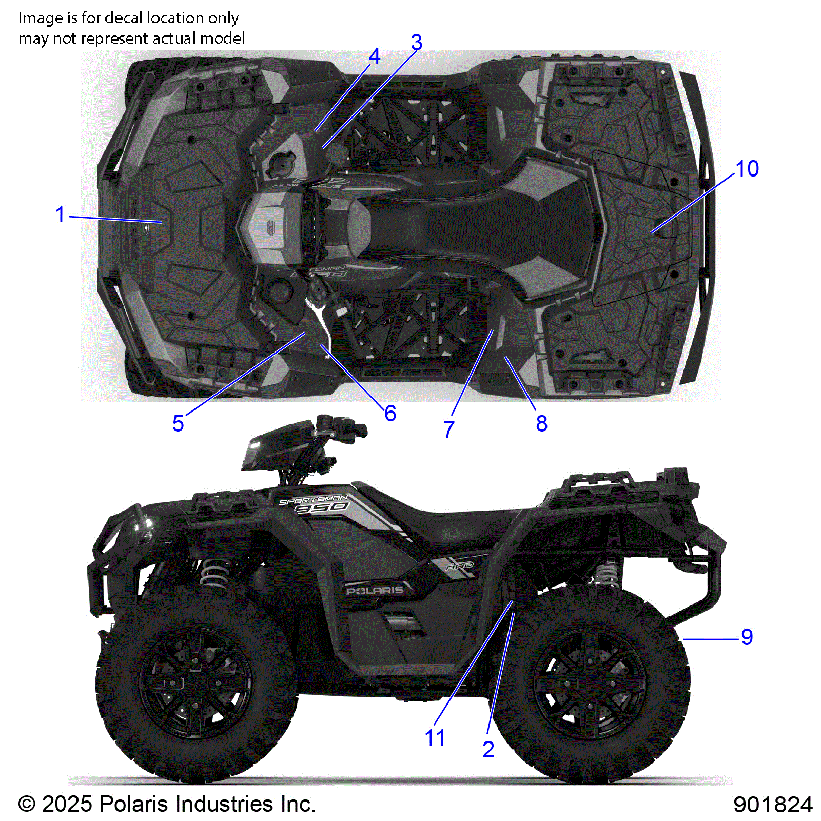 An Image of a Genuine Polaris Parts Schematic Diagram showing the schematic - BODY: DECALS STANDARD - 2026 POLARIS SPORTSMAN 450 EPS 50S