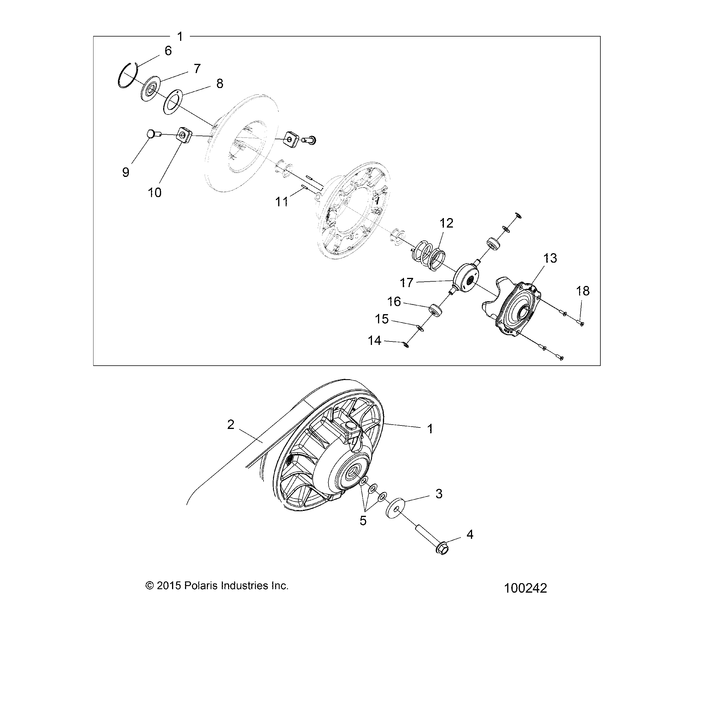An Image of a Genuine Polaris Parts Schematic Diagram showing the schematic - DRIVE TRAIN: SECONDARY CLUTCH - 2016 POLARIS SPORTSMAN 570 SP