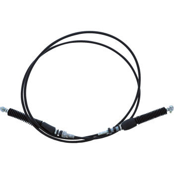 The Polaris Ranger Shift Cable by All Balls features a black PVC outer jacket, metal ends with protective rubber sleeves, a steel inner casing, and comes coiled—designed for reliable shifting performance.